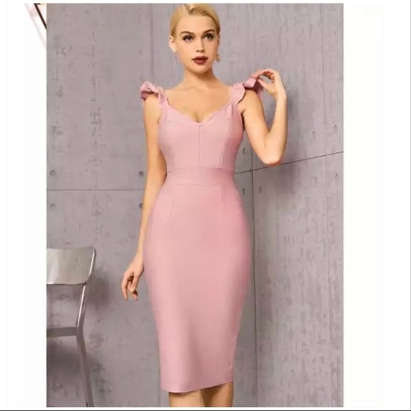 Pink Bodycon Bandage Dress For Summer Sexy Ruffles Sleeveless Midi v neck Size M - Picture 11 of 13